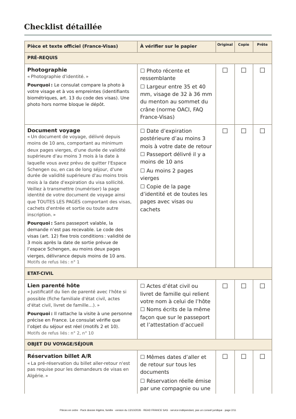 Page de checklist avec colonnes original, copie, prêt